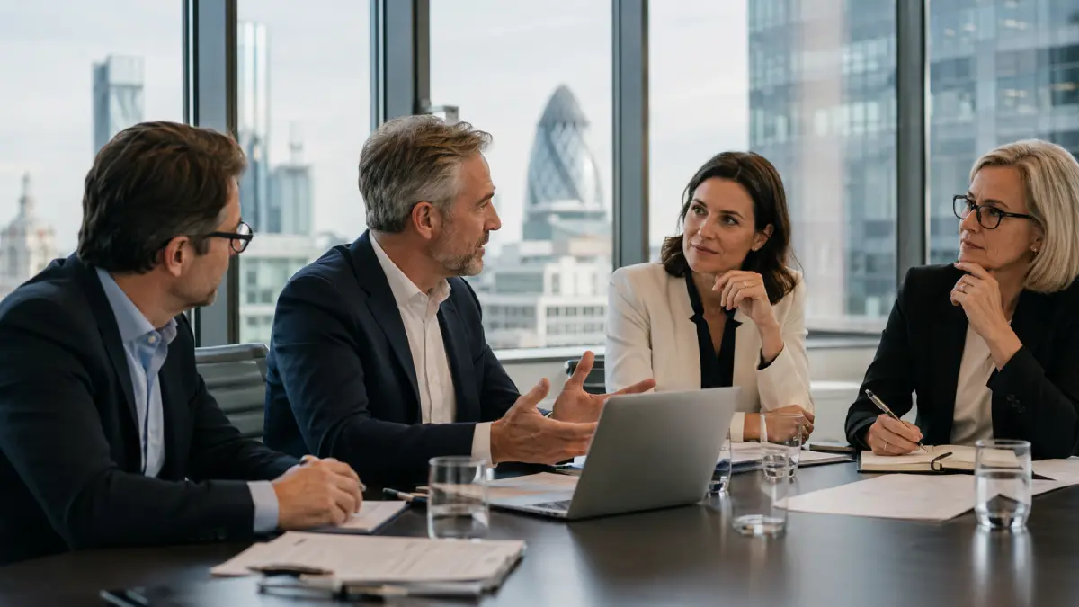 Experienced British business leaders discussing operating priorities in a modern office