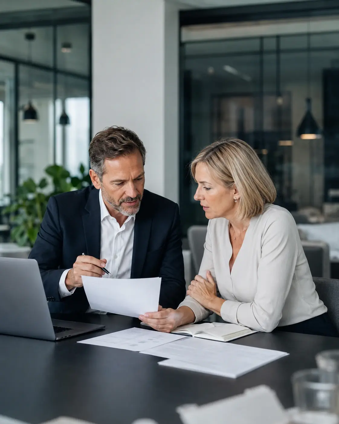 Business adviser and company owner reviewing operating information