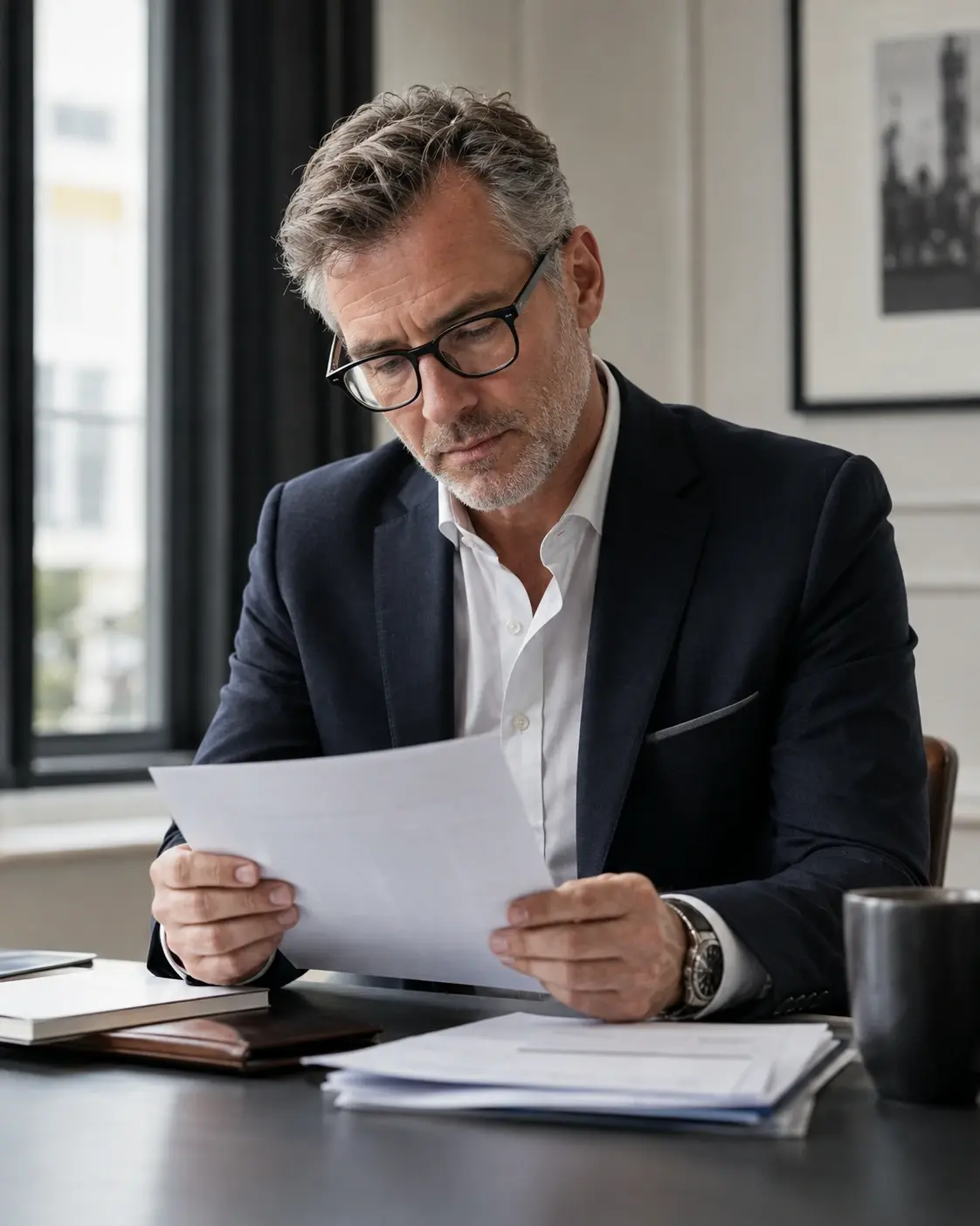 Experienced UK business leader reviewing a management brief