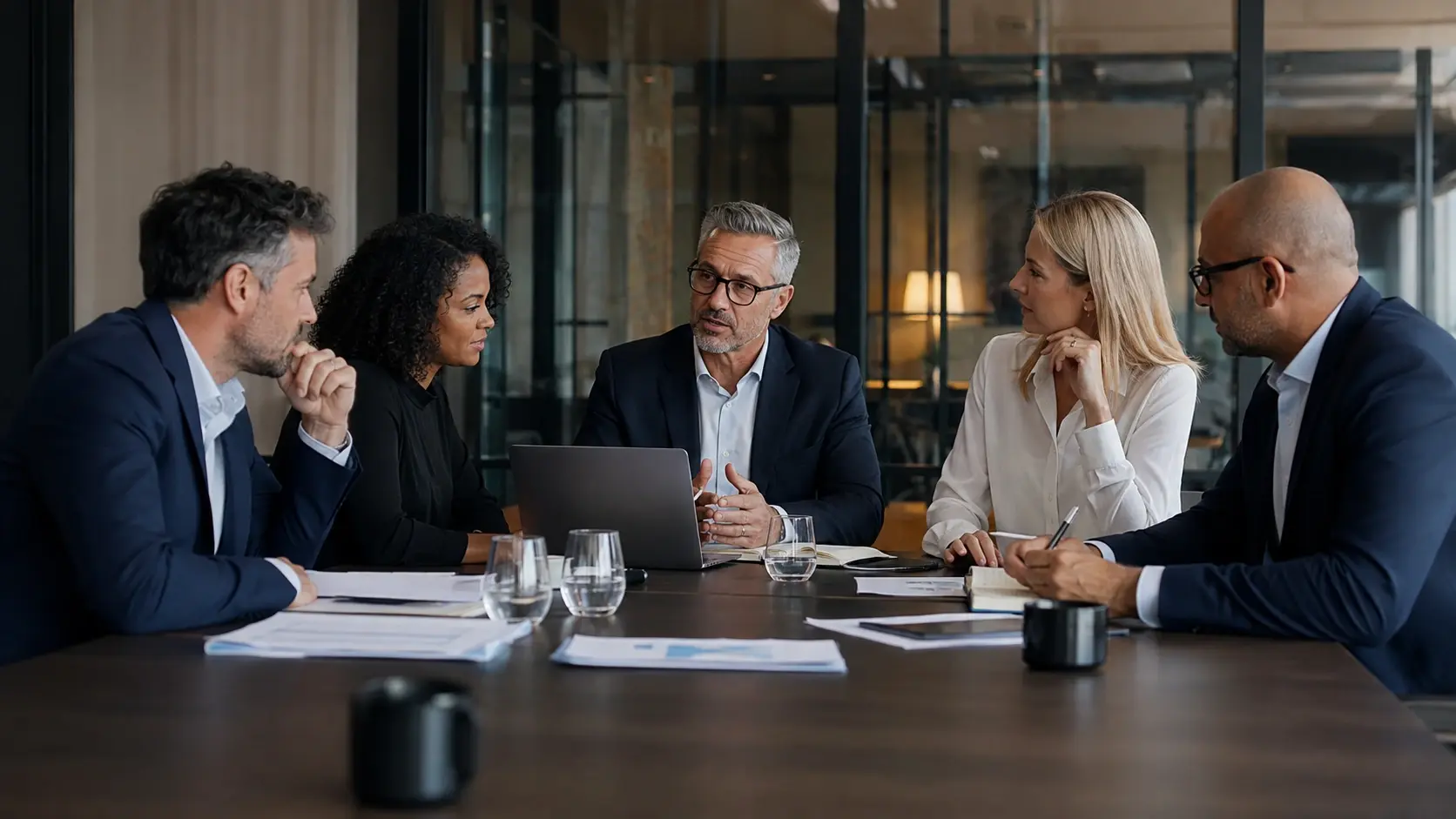 Consultant and management team discussing business processes